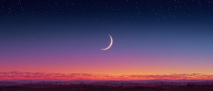 A crescent moon shines in a gradient sky over a desert landscape at dusk