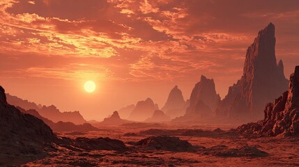 Fototapeta premium Alien planet landscape with rocky spires under a fiery sun and hazy atmosphere