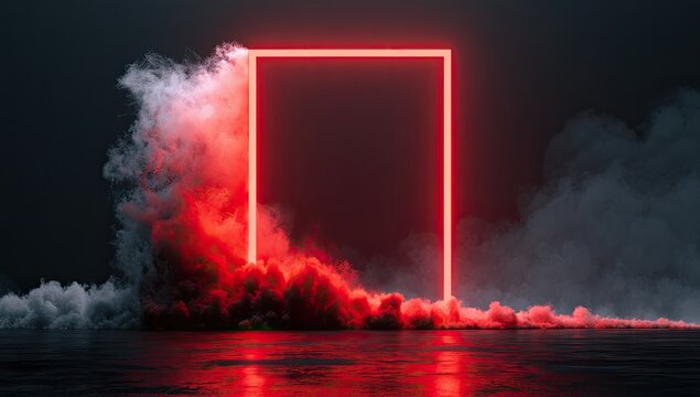 A glowing red square portal emits light through swirling white and red clouds
