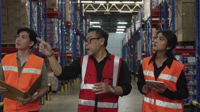 Professional inspectors meticulously examine large warehouse filled with stacked boxes during operational oversight; three individuals wearing bright orange safety vests review documents and tablets f