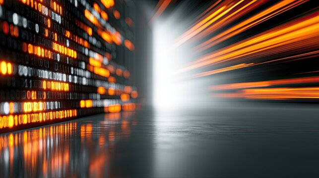 Abstract digital data wall with bright light streaks moving rapidly into distance