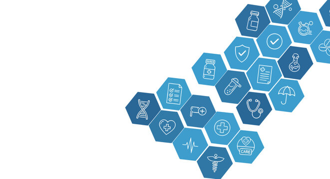 Abstract blue hexagonal network of technology icons forming a modern digital mosaic.