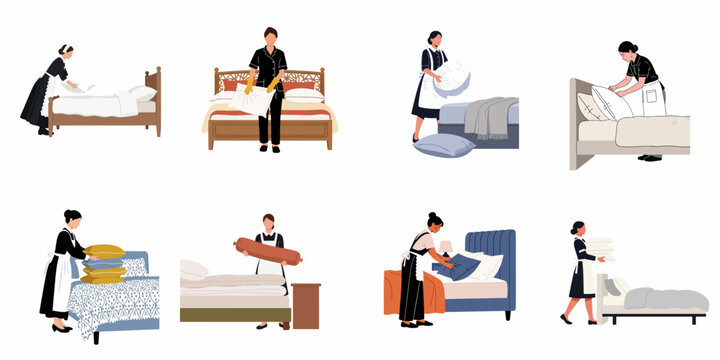 Flat illustration set of chambermaids and hotel cleaners making beds, fluffing pillows, and performing housekeeping services in a professional hospitality setting.
