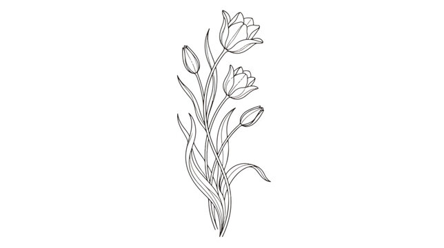 Minimalist tulip flower line art, elegant botanical sketch vector, hand drawn floral bouquet illustration for wedding invitations and tattoo design