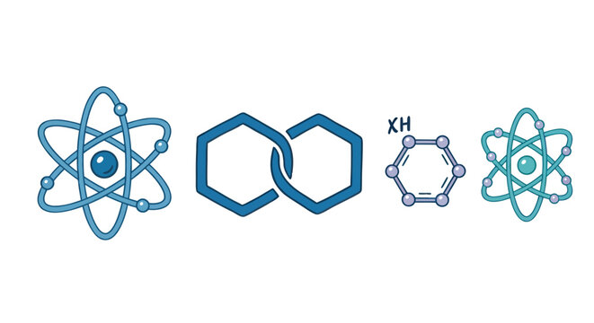 Set of science and chemistry themed abstract logos featuring atomic structures and molecular rings.
