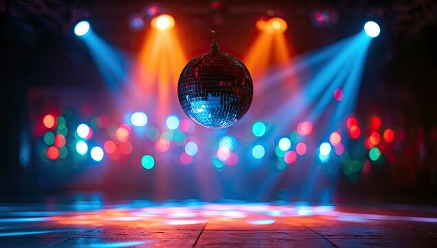 A disco ball hangs above a colorful, illuminated dance floor in a nightclub