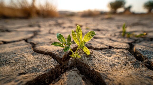 Tiny green shoots push through cracked, dry earth at sunset