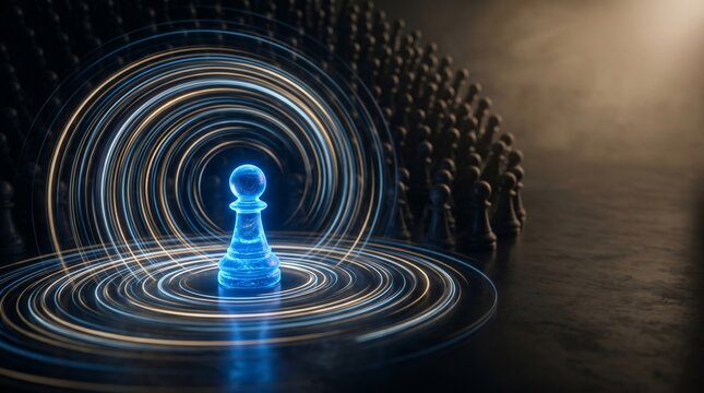 Abstract Blue Chess Pawn Surrounded by Glowing Light Trails in Dark Cinematic Room