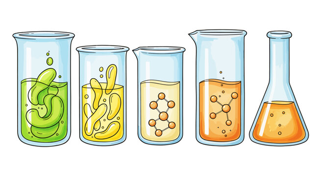 Colorful laboratory glassware with bubbling liquids arranged in a row for science experiments.