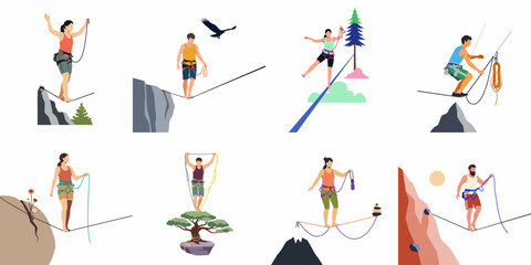 Set of flat illustrations featuring adventurous people slacklining and highlining across various mountain and natural landscapes with safety gear and harnesses. © Akira