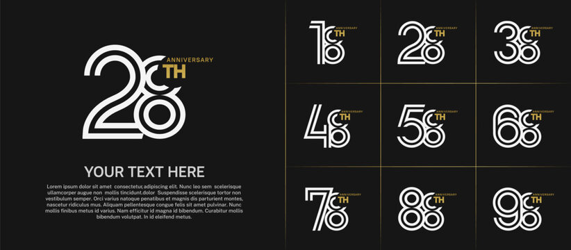 Anniversary set design with double line number. white and gold color for celebration event