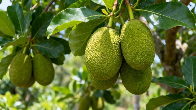 Close-up view of multiple breadfruit fruits hanging from healthy breadfruit trees in a tropical orchard