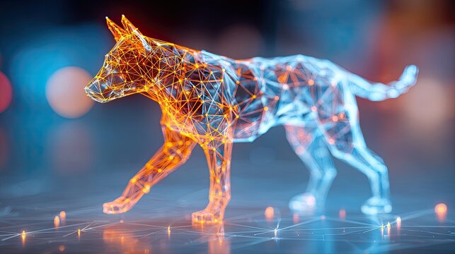 Geometric dog form constructed from glowing digital network, light