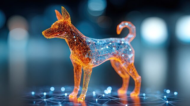 Digital wireframe dog sculpture with glowing connections and bokeh lights