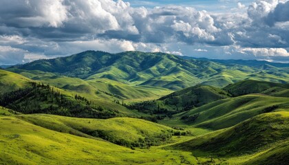 Obraz premium Rolling green hills bathed in sunlight under a dramatic, cloudy sky