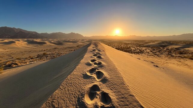 Footprints lead across a vast, sun-drenched desert landscape towards mountains
