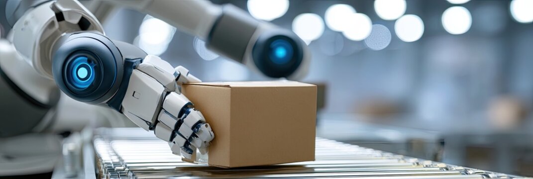 Robotic arm precisely places a cardboard box onto a conveyor belt in a factory