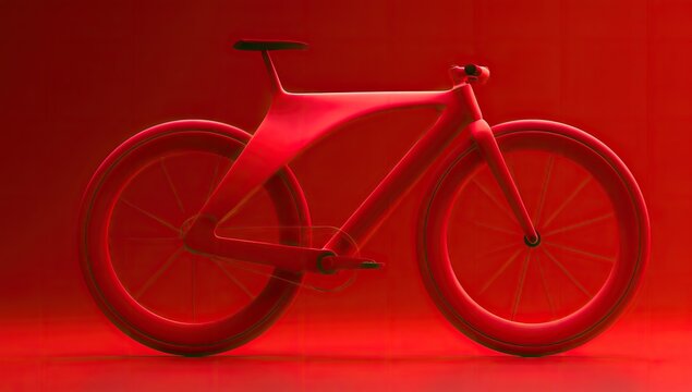 A sleek, modern red bicycle glows under vibrant red studio lighting