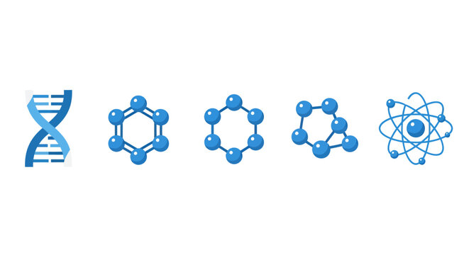 Blue icons illustrating DNA helix, chemical rings, and atomic structure.