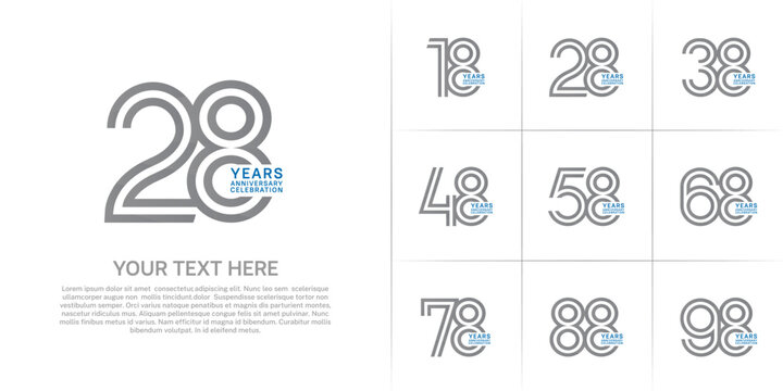Anniversary logo set with double line number style. grey and blue color can be use for special moment