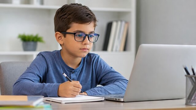 Boy wearing blue light blocking glasses watching lesson on laptop and taking note in notebook. Student studying online at home. Concept of digital education, remote learning and technology