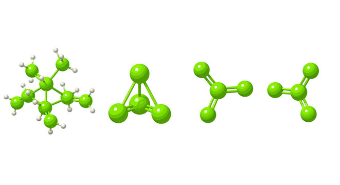 Three ball and stick molecular models illustrating chemical structures.