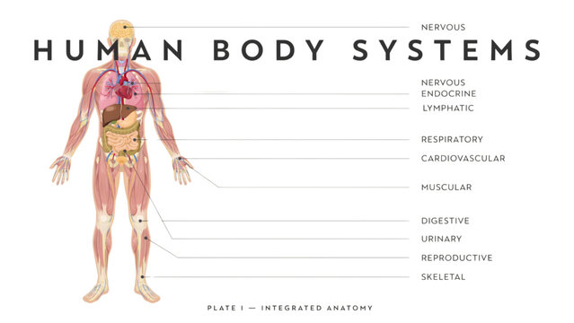 Human body systems diagram with labeled organs and illustration Vector