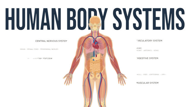 Human body systems diagram showing major organs and systems in a clear labeled illustration Vector