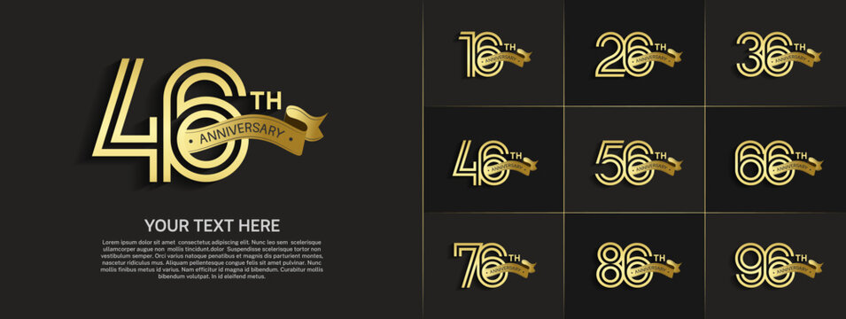 Anniversary logo set with double line number style. gold color with gold ribbon can be use for special moment