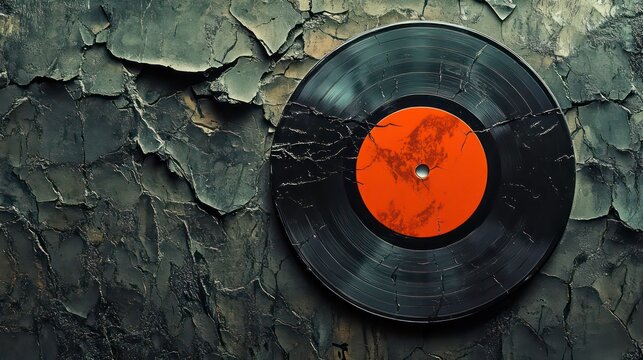 Artistic representation of a cracked vinyl record with an orange label on a textured surface, evoking nostalgia and appreciation for classic music formats.