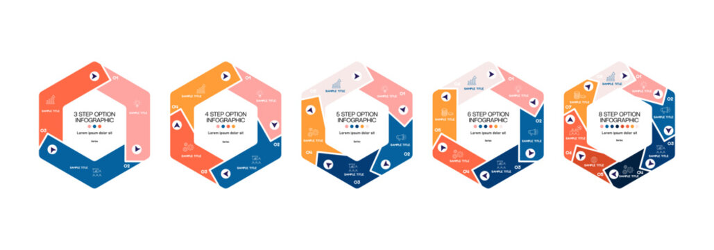 Infographic with hexagon fields set with 3, 4, 5, 6, 8, process sections, for presentation templates, web, annual, report, business posters. Editable vector illustration