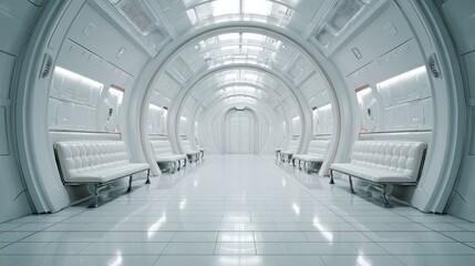 Obraz premium Futuristic White Hospital or Research Facility Corridor with Modern Design and Seating