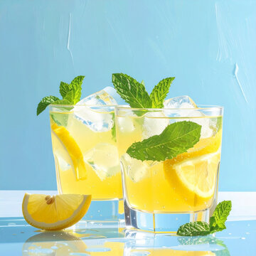 Refreshing Cold Lemonade with Mint and Ice on Blue Background