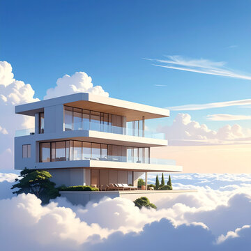 Luxury modern villa floating above clouds under a bright blue sky
