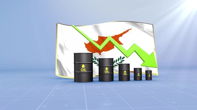 Cyprus Oil Price Falling with Oil Barrels Downward Green Arrow and 3D Financial Data Visualization Graphs for Economy and Business Concept