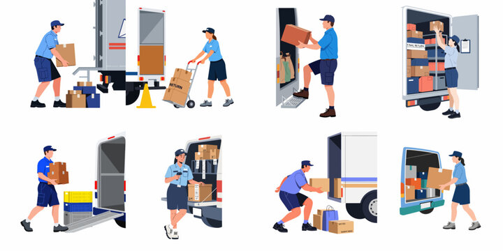 Set of illustrations showing delivery personnel loading and unloading packages from various transport vehicles for logistics and shipping services.