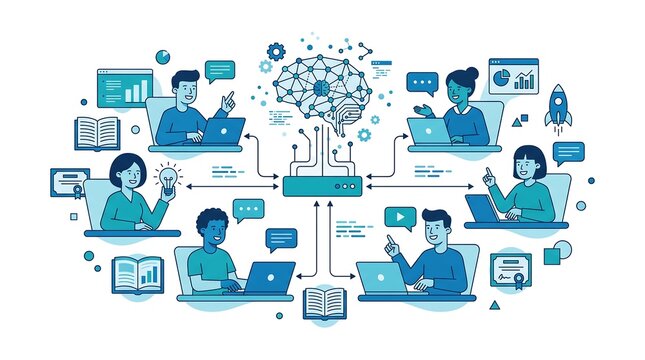 People interact with laptops and devices in a networked learning environment with technology