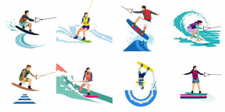 Set of flat vector illustrations depicting people participating in various water sports like wakeboarding, surfing, and water skiing on ocean waves.