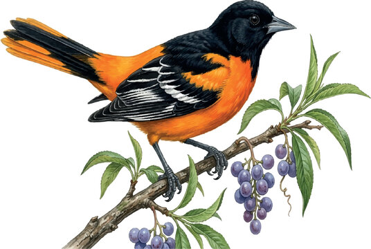Colorful Baltimore Oriole Resting on Peach Tree Branch with Fruit, isolated on transparent background
