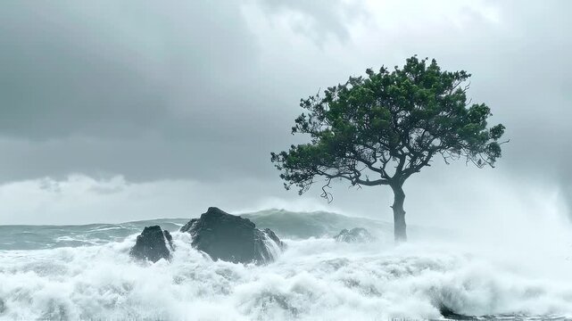Dramatic stormy ocean waves crashing against a lone tree on a rocky shore