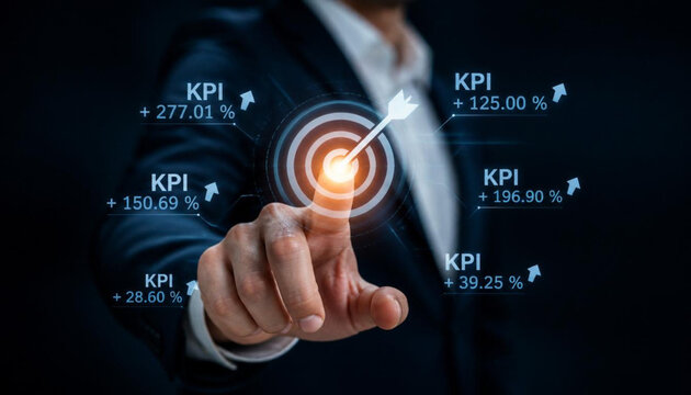 Businessman Hand Touching Target Bullseye KPI Growth Icon