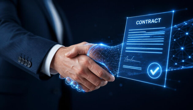 Businessman Digital Handshake Holographic Contract Agreement Icon