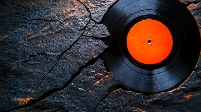 Artistic representation of a cracked vinyl record with an orange label on a textured surface, evoking nostalgia and appreciation for classic music formats.