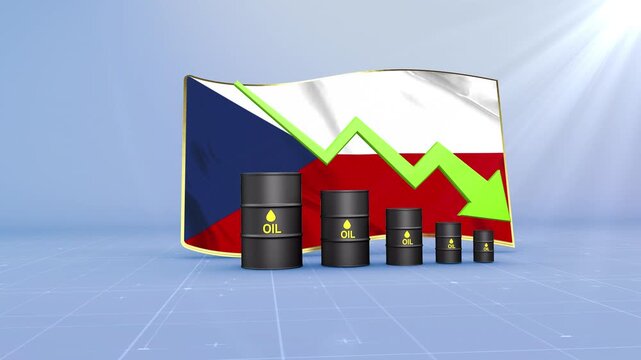 Czech Republic Oil Price Falling with Oil Barrels Downward Green Arrow and 3D Financial Data Visualization Graphs for Economy and Business Concept