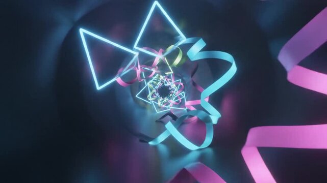 Abstract neon tunnel with glowing triangles and ribbons moving forward in a futuristic digital space.