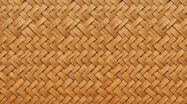 Seamless woven bamboo texture featuring an intricate basket weave pattern crafted from natural bamboo strips. Warm golden-brown tones, detailed wood grain, and traditional handcrafted weaving create 