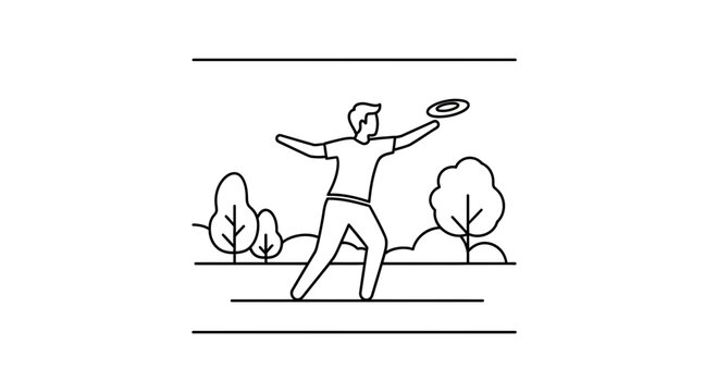 Man throwing a frisbee in a park with trees, line art illustration