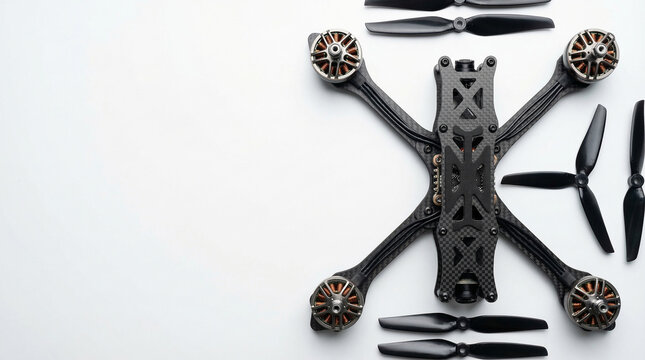 Carbon fiber FPV drone frame racing quadcopter body with brushless motors and black plastic propellers disassembled on a clean white background with copy space