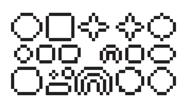 Selection of simple pixel art geometric frames and basic shapes for user interface design.