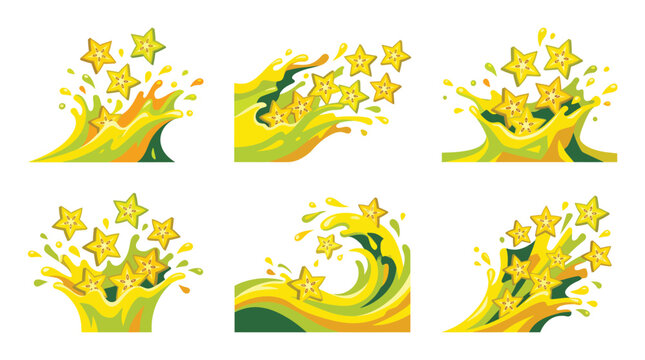 Vibrant carambola slices splashing in dynamic yellow and green tropical summer juice waves